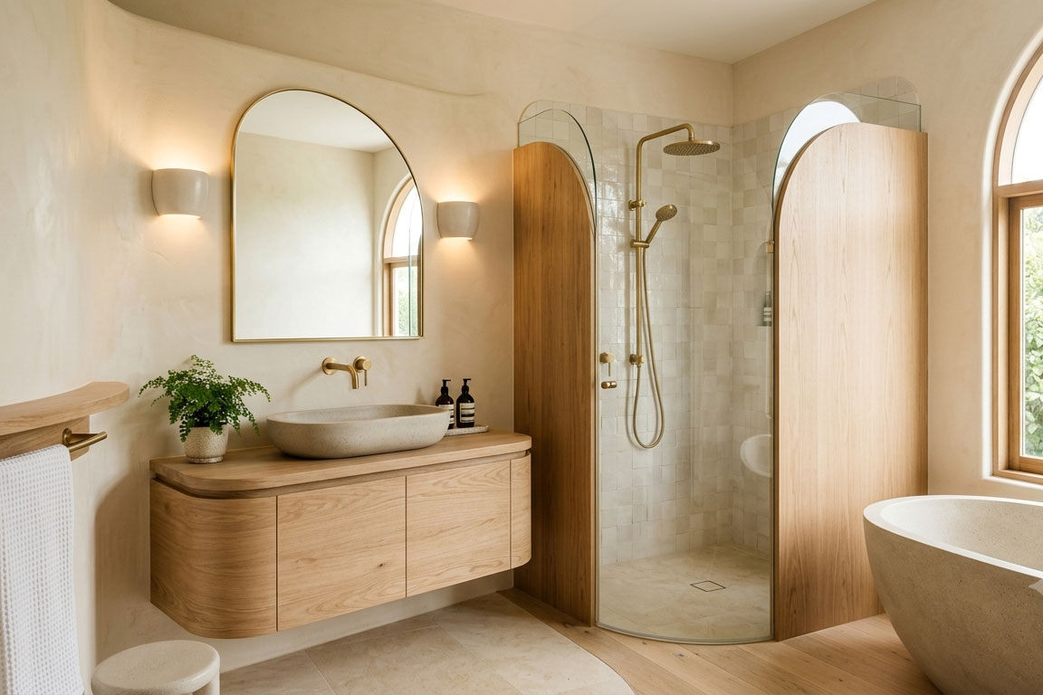 Light-tiled bathroom in Caloundra with timber accents