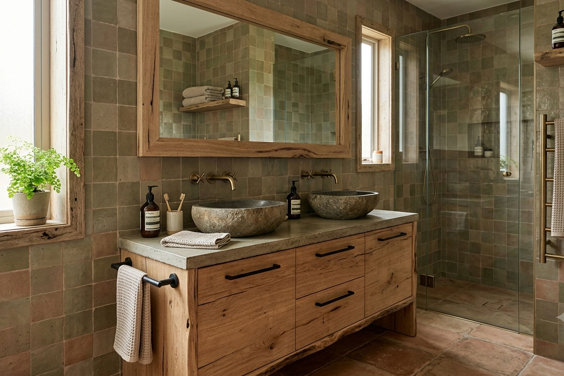 Bathroom in the Sunshine Coast hinterland with muted, earthy tiles