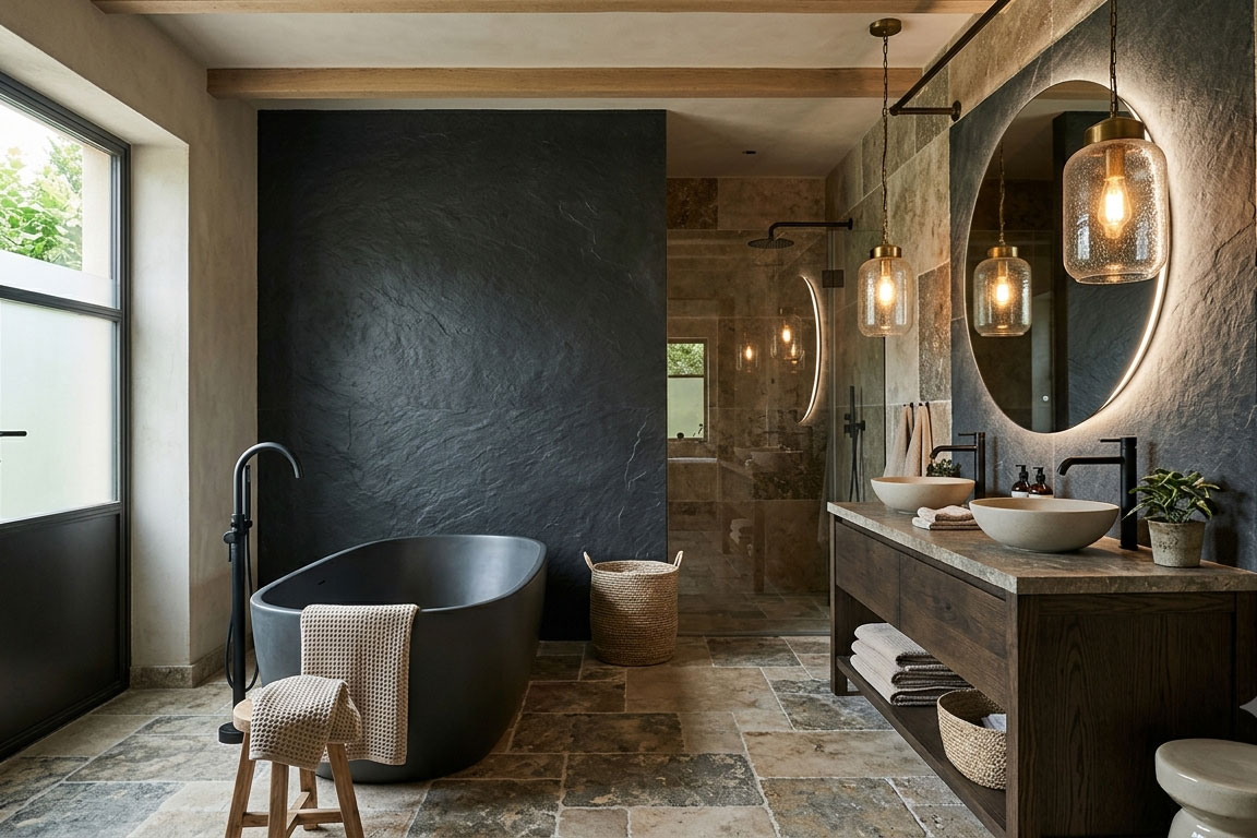 Renovated bathroom in Maroochydore with natural stone tiling