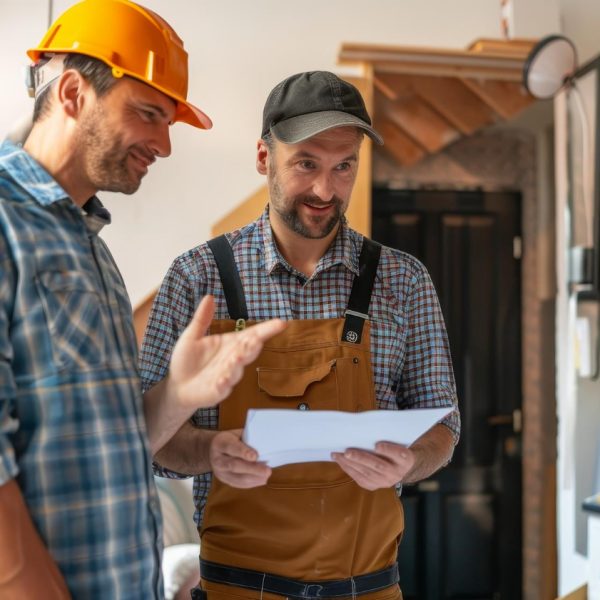 a man in a hard hat and overalls holding a piece of paper